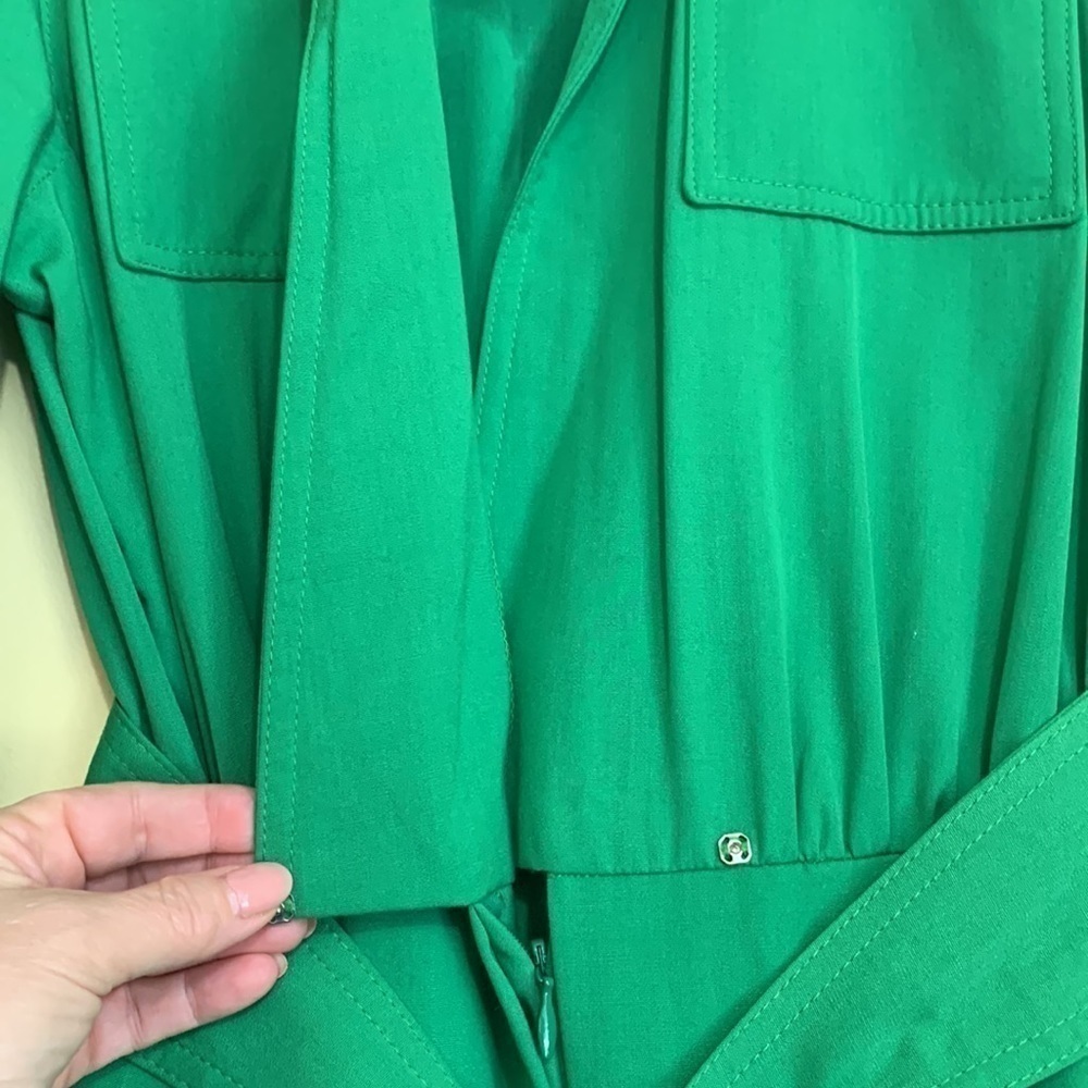 Caron || 80’s Kelly Green Long Sleeve Faux Wrap Belted Shirt Pocket Dress M - Picture 9 of 16